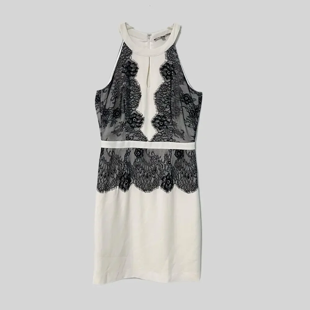 Gianni Bini Women 6 White Overlay Black Lace Sheath Cocktail Dress Going Out